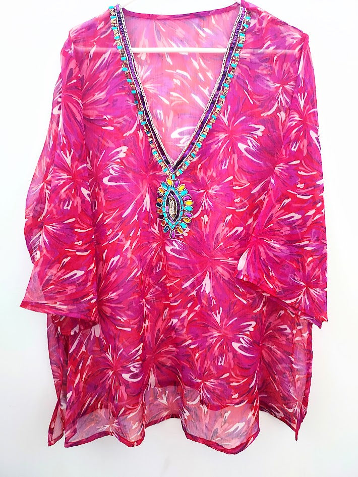 Shehla Behzad Designer Embellished Kaftan Top or Beach Tunic Cover Up, 3X + Bonus Gift
