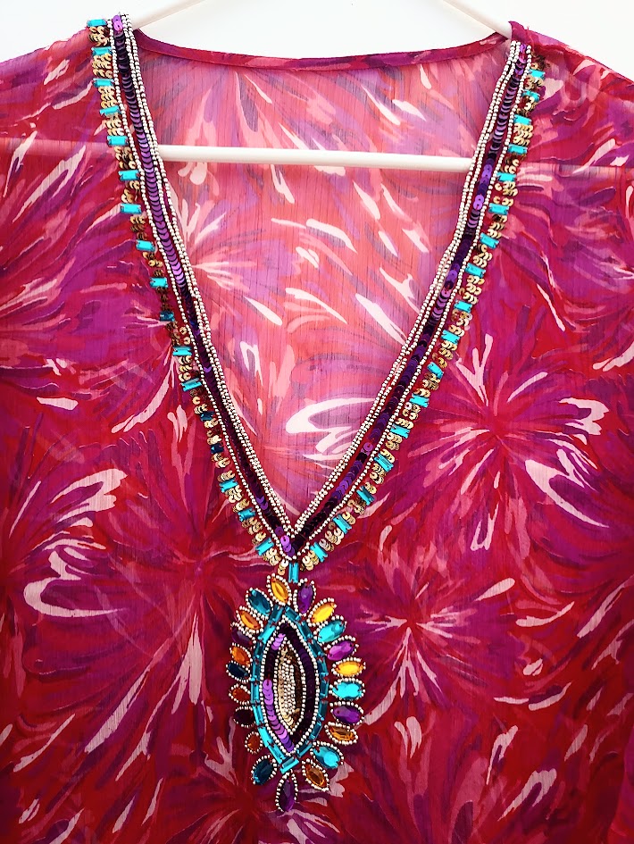 Shehla Behzad Designer Embellished Kaftan Top or Beach Tunic Cover Up, 3X + Bonus Gift