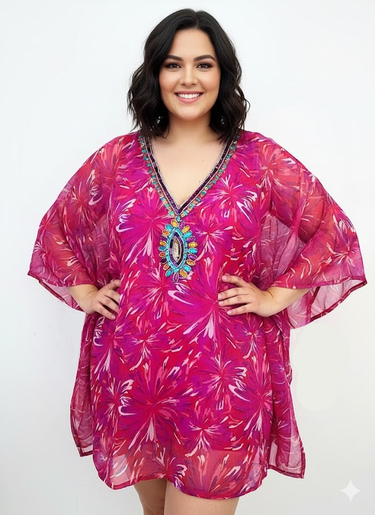 Shehla Behzad Designer Embellished Kaftan Top or Beach Tunic Cover Up, 3X + Bonus Gift