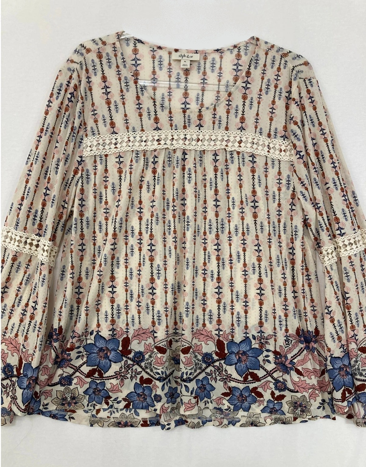 Style & Co Crochet Trim Bell Sleeve Boho Peasant Top, PL/M