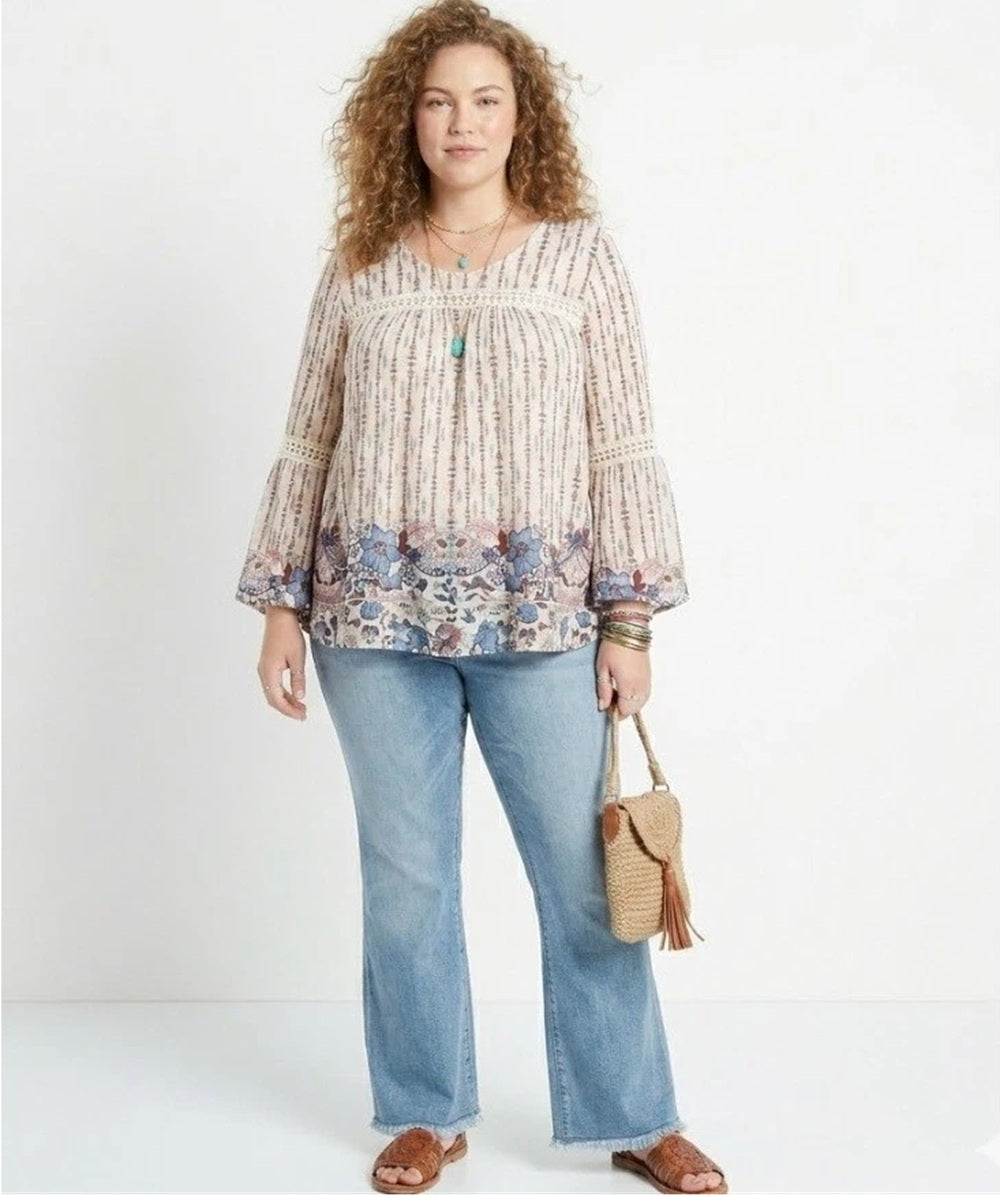 Style & Co Crochet Trim Bell Sleeve Boho Peasant Top, PL/M