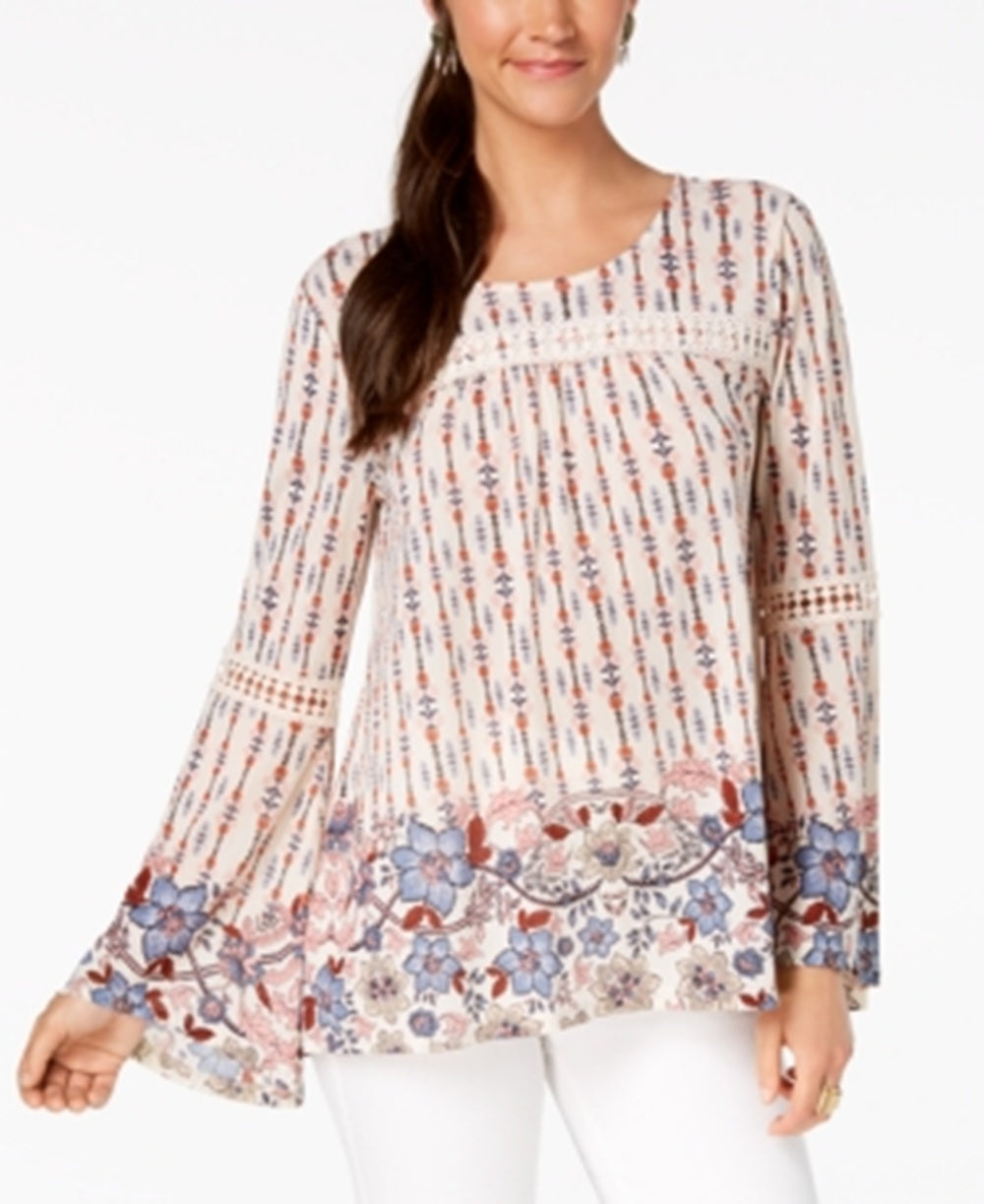 Style & Co Crochet Trim Bell Sleeve Boho Peasant Top, PL/M