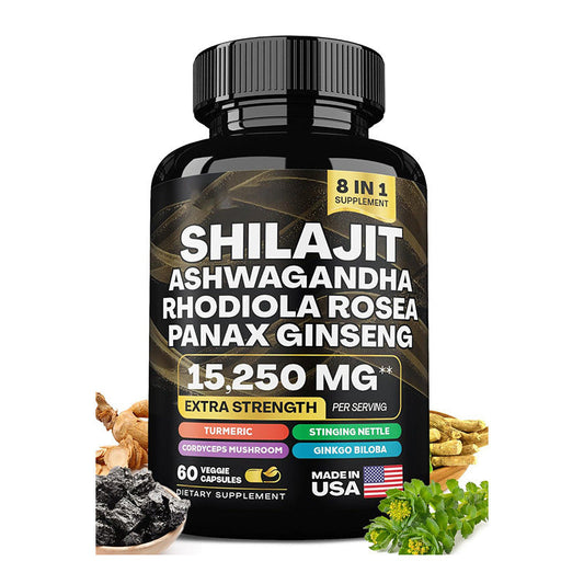 Shilajit Pure Himalayan 9000MG, Ashwagandha 2000MG, Rhodiola Rosea 1000MG, Panax Ginseng 1500MG, Turmeric 500MG, Ginkgo Biloba 500MG, Stinging Nettle 250MG, Cordyceps Mushroom 500MG (60 Caps)