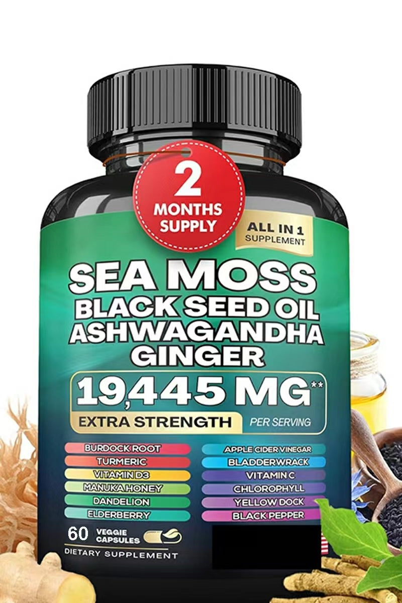 Sea Moss 7000mg Black Seed Oil 4000mg Ashwagandha 2000mg Turmeric 2000mg Bladderwrack 2000mg Burdock 2000mg & Ginger Vitamin C Vitamin D3 with Elderberry Manuka Dandelion Yellow Dock Chlorophyll ACV