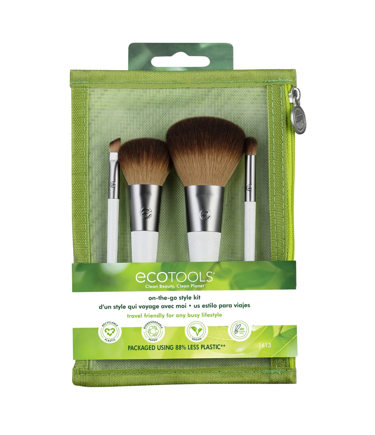 EcoTools On-The-Go Makeup Brush Kit, Travel-Friendly Brush Set, 4 Brush with Bag