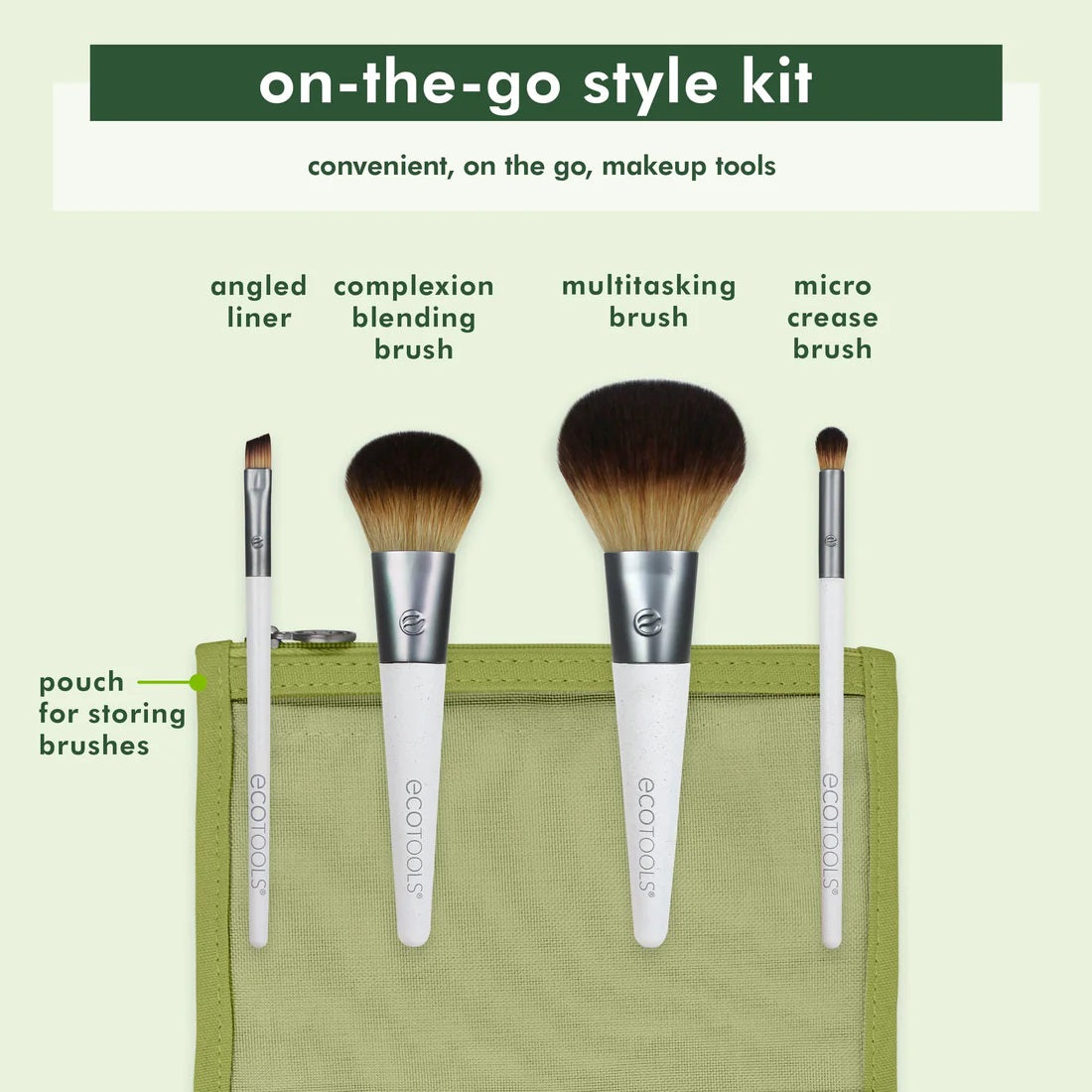 EcoTools On-The-Go Makeup Brush Kit, Travel-Friendly Brush Set, 4 Brush with Bag