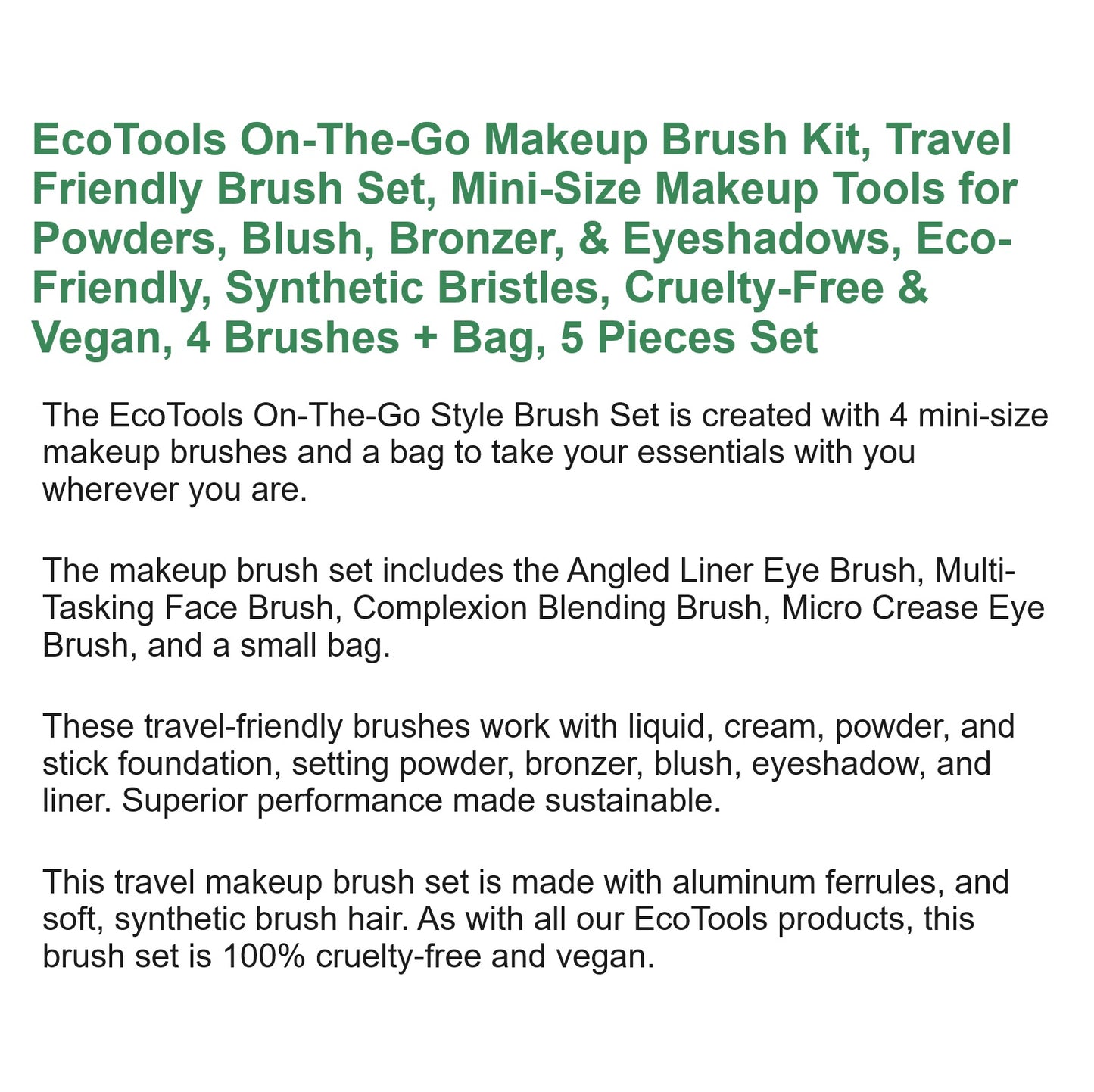 EcoTools On-The-Go Makeup Brush Kit, Travel-Friendly Brush Set, 4 Brush with Bag