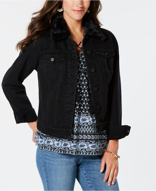 Style & Co Womens Denim Trucker Jacket, Black Size 24W