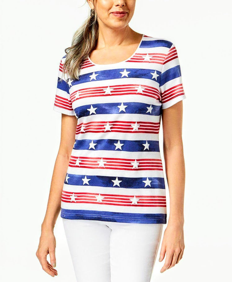 Karen Scott American Flag Patriotic T Shirt Top,