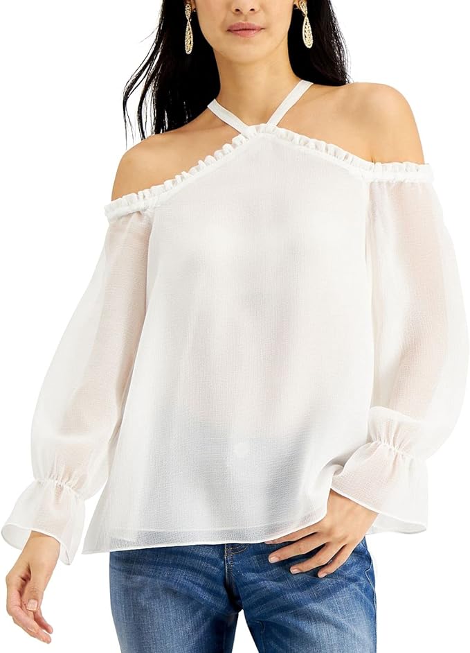 INC International Concepts Womens INC Solid Cold-Shoulder Top, White, Size L