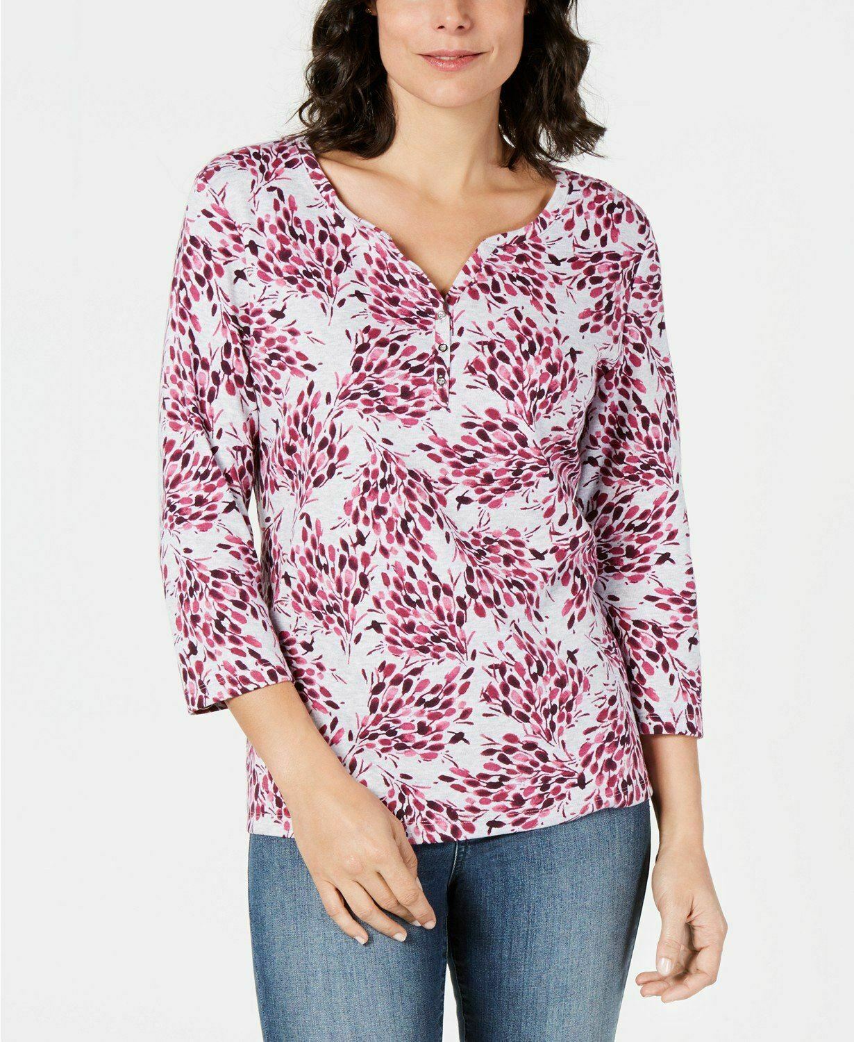 Karen Scott Women's Printed 3/4-Sleeve Henley Top, Size XS,