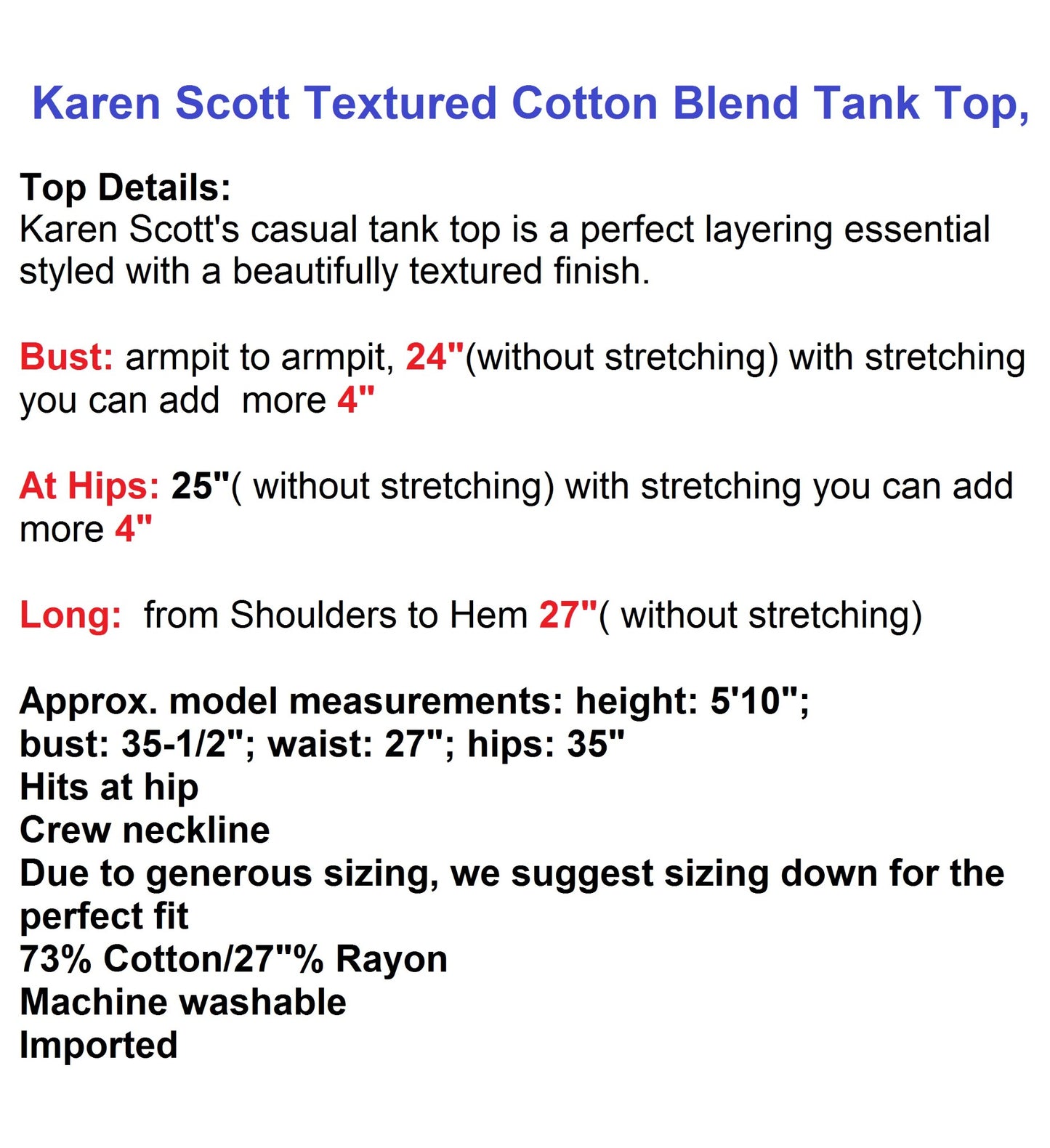 Karen Scott Textured Cotton Blend Tank Top, XXL, Black